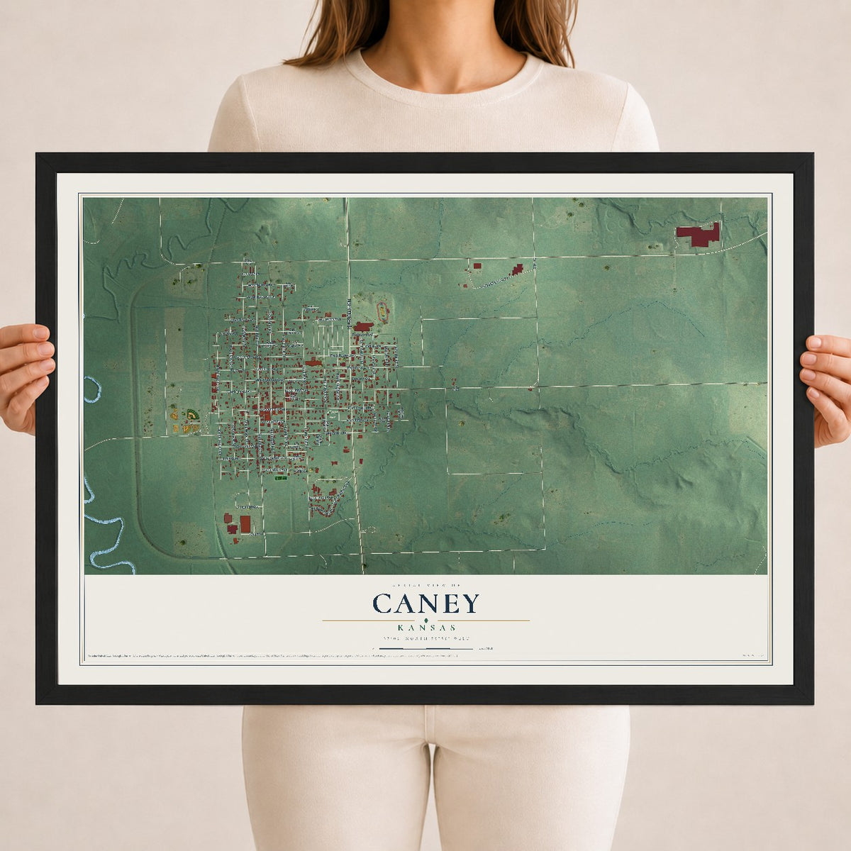 Map of Caney, Kansas, 18 x 24 inch print in a black wood frame