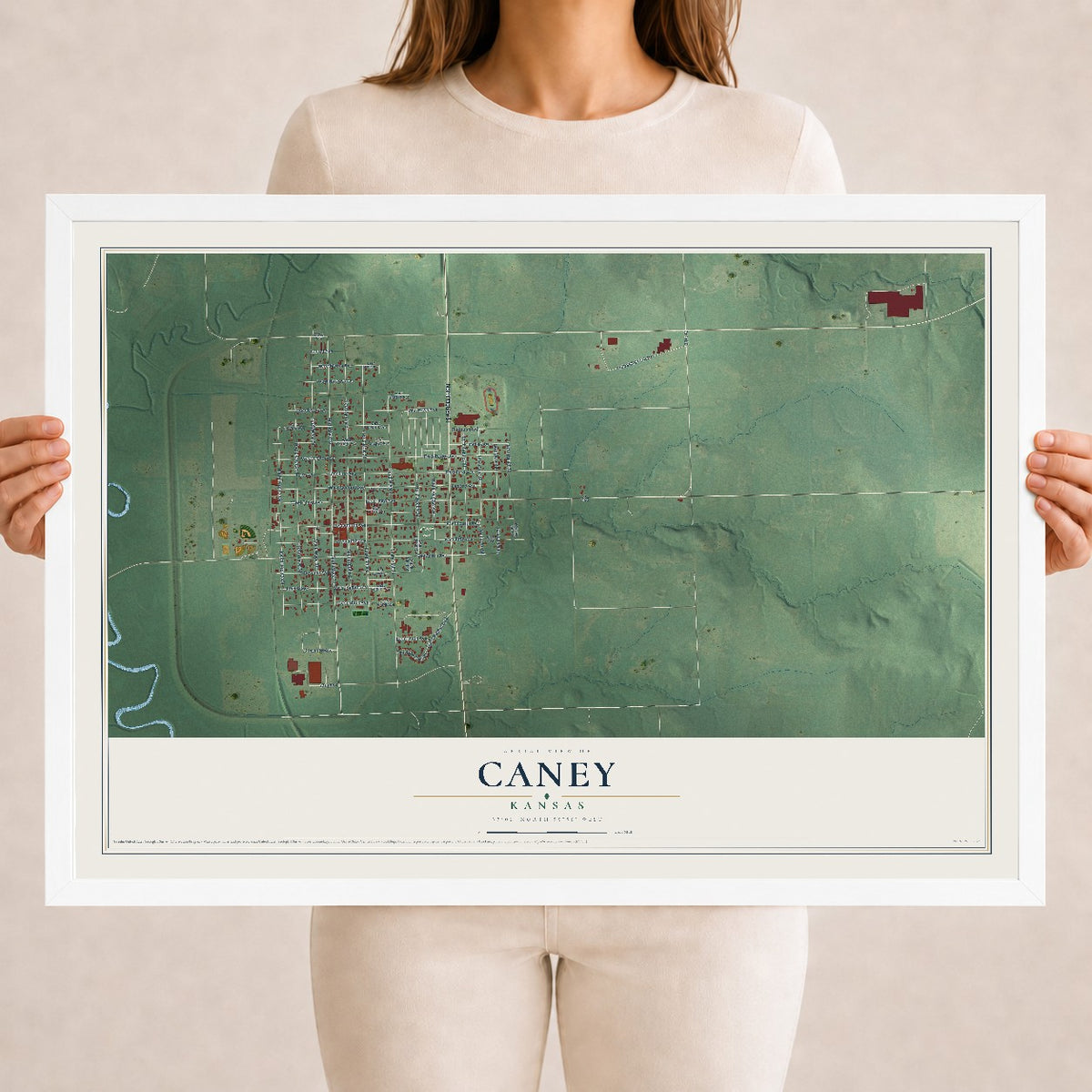 Map of Caney, Kansas, 18 x 24 inch print in a white wood frame