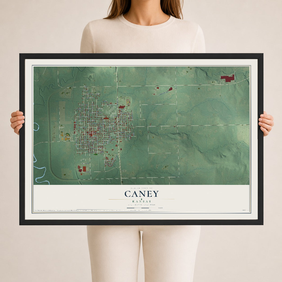 Map of Caney, Kansas, 24 x 36 inch print in a black wood frame