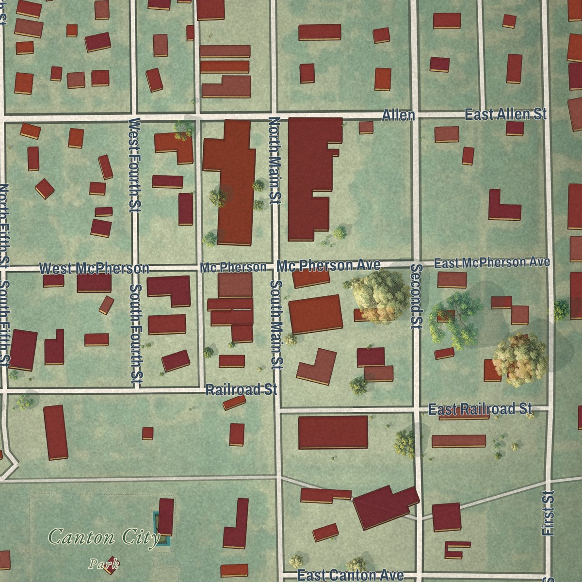 Close-up of the map of Canton, Kansas print showing street and building detail