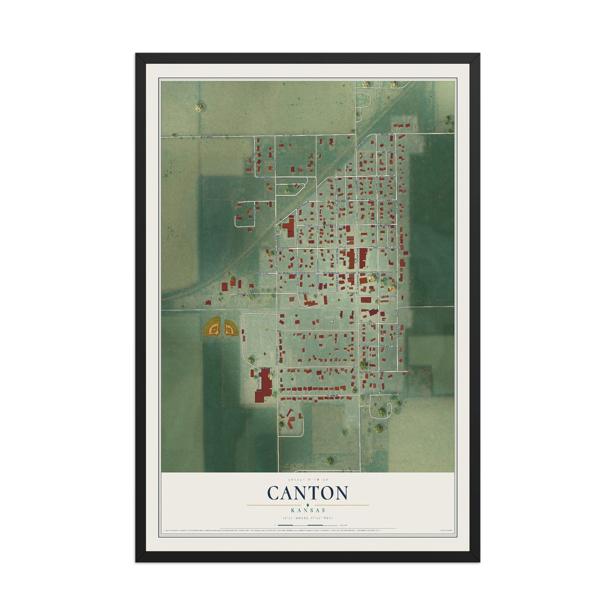 Map of Canton, Kansas, 12 x 18 inch print in a black wood frame