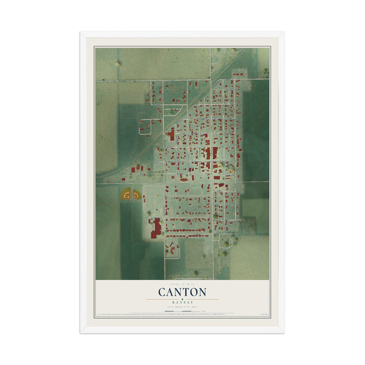 Map of Canton, Kansas, 12 x 18 inch print in a white wood frame
