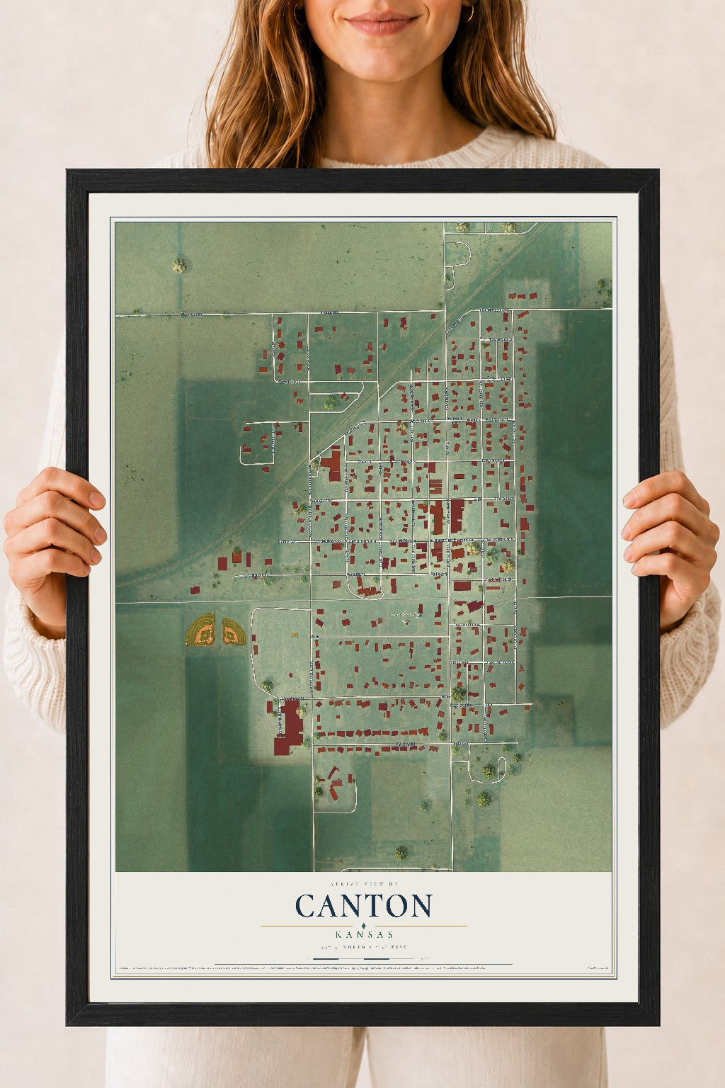 Map of Canton, Kansas, 18 x 24 inch print in a black wood frame