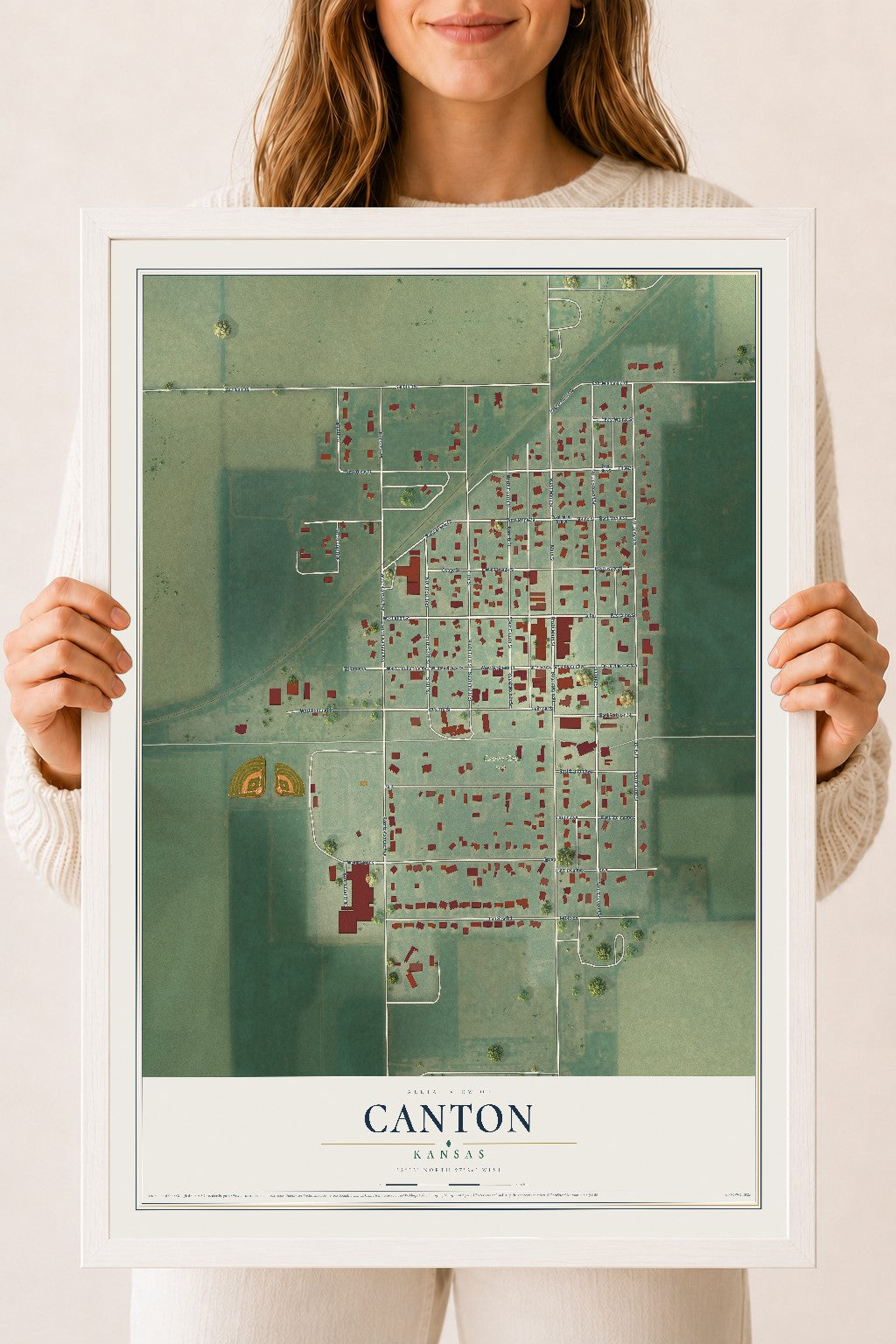 Map of Canton, Kansas, 18 x 24 inch print in a white wood frame