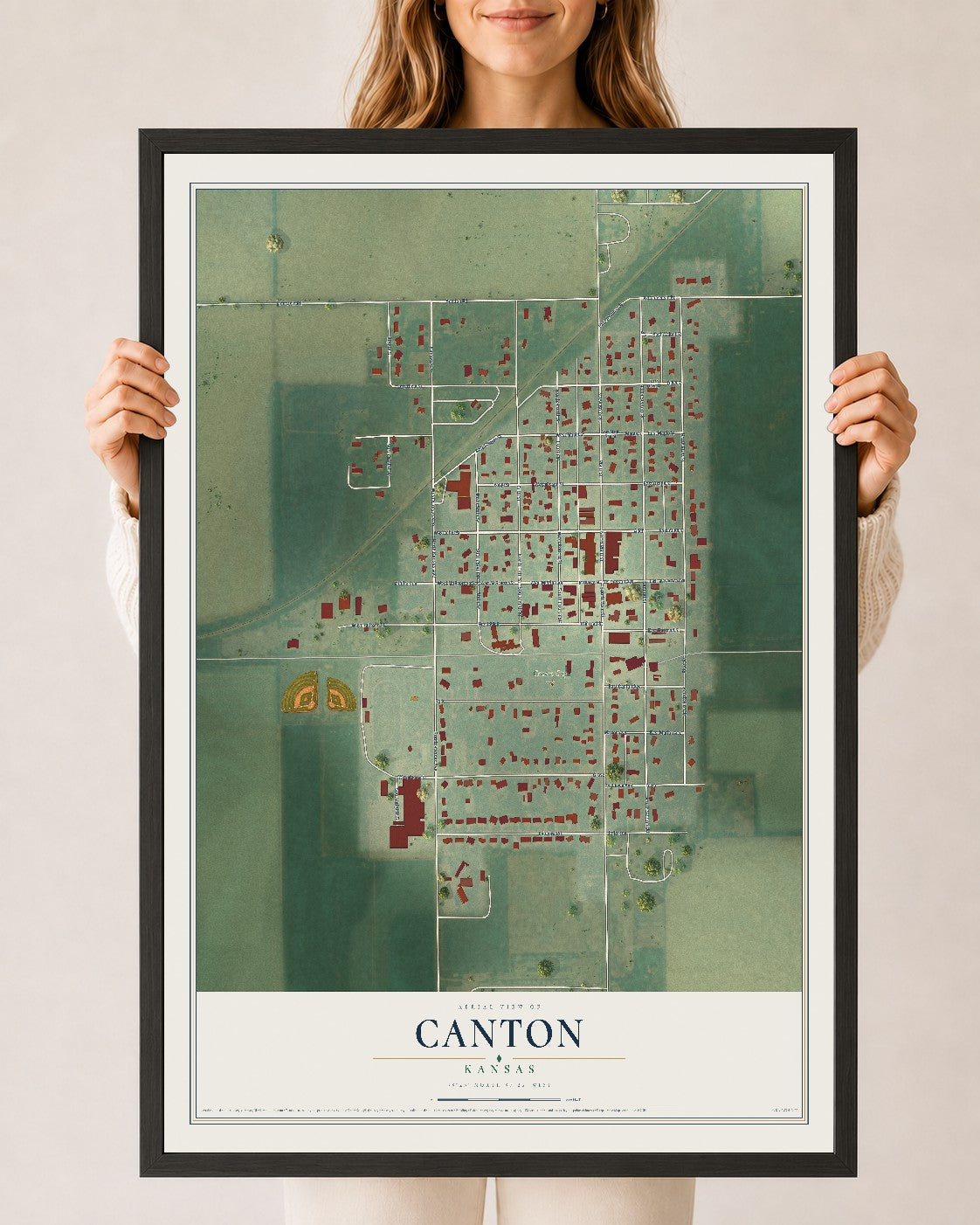 Map of Canton, Kansas, 24 x 36 inch print in a black wood frame
