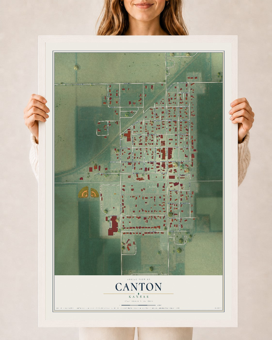 Map of Canton, Kansas, 24 x 36 inch print in a white wood frame