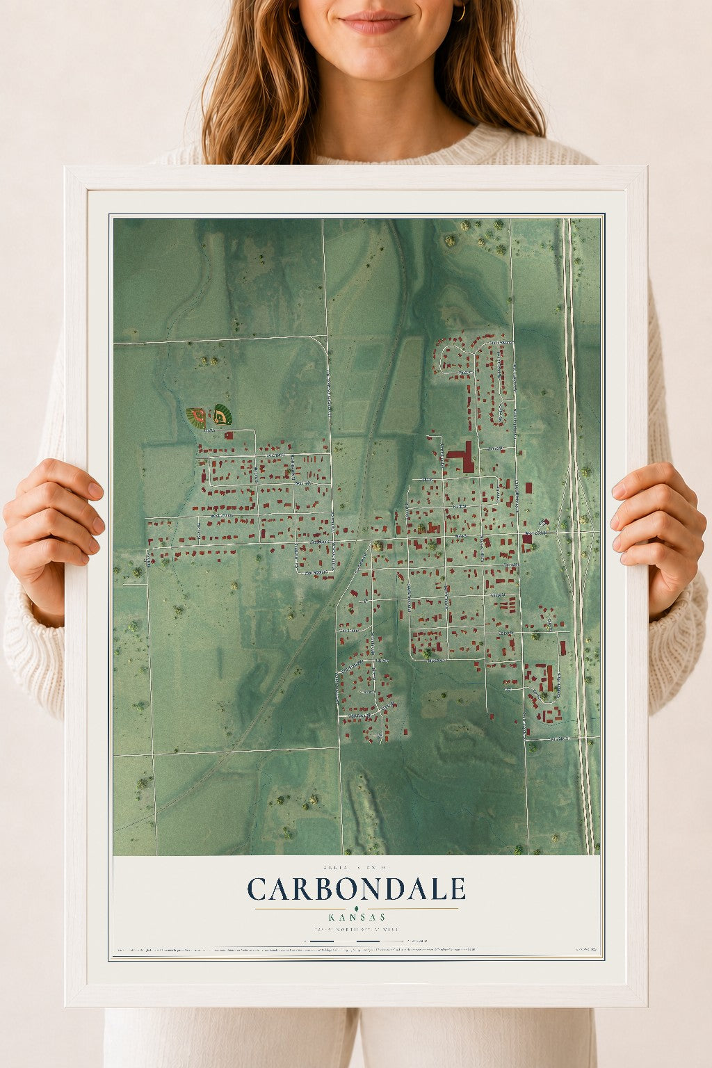 Map of Carbondale, Kansas, 18 x 24 inch print in a white wood frame