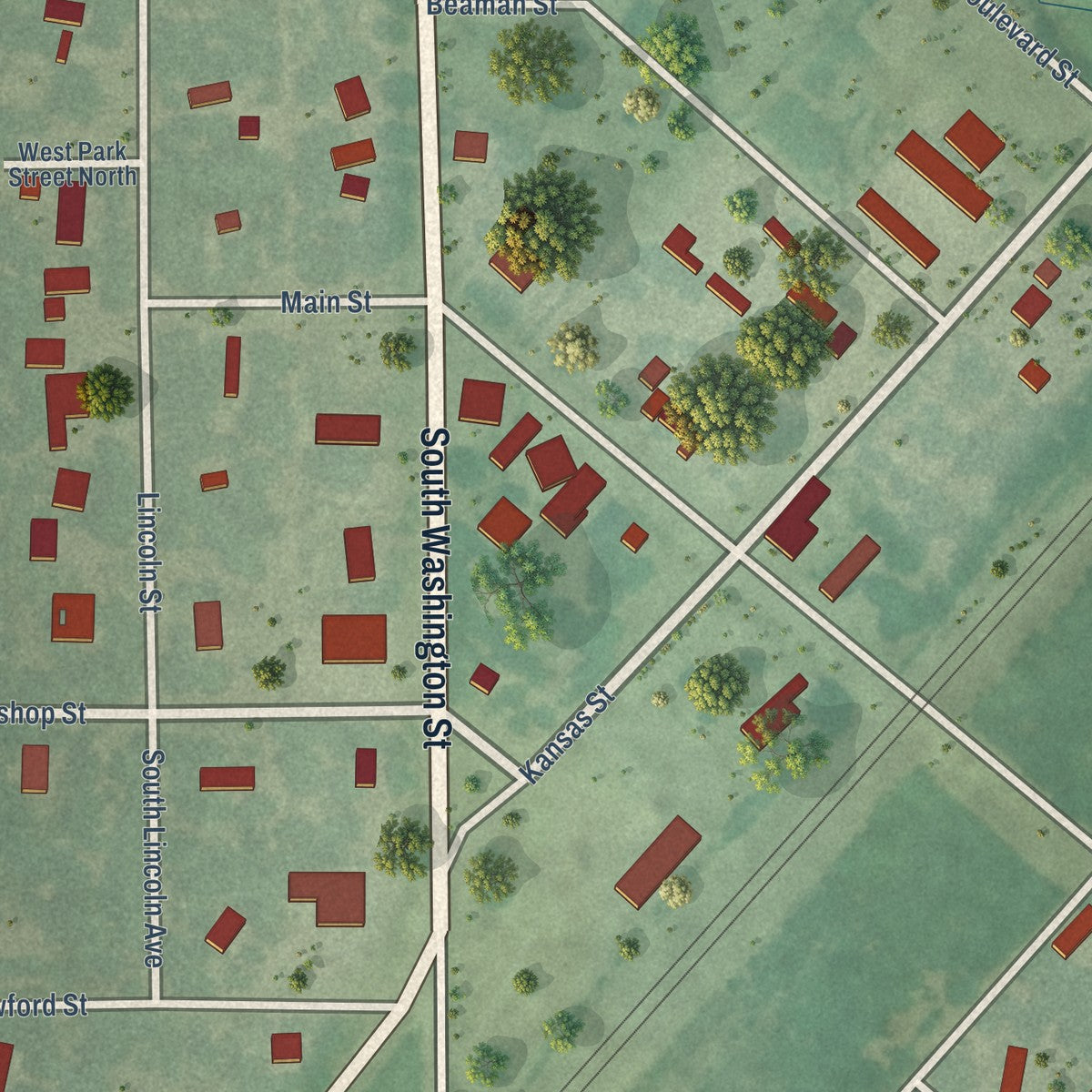 Close-up of the map of Cassoday, Kansas print showing street and building detail