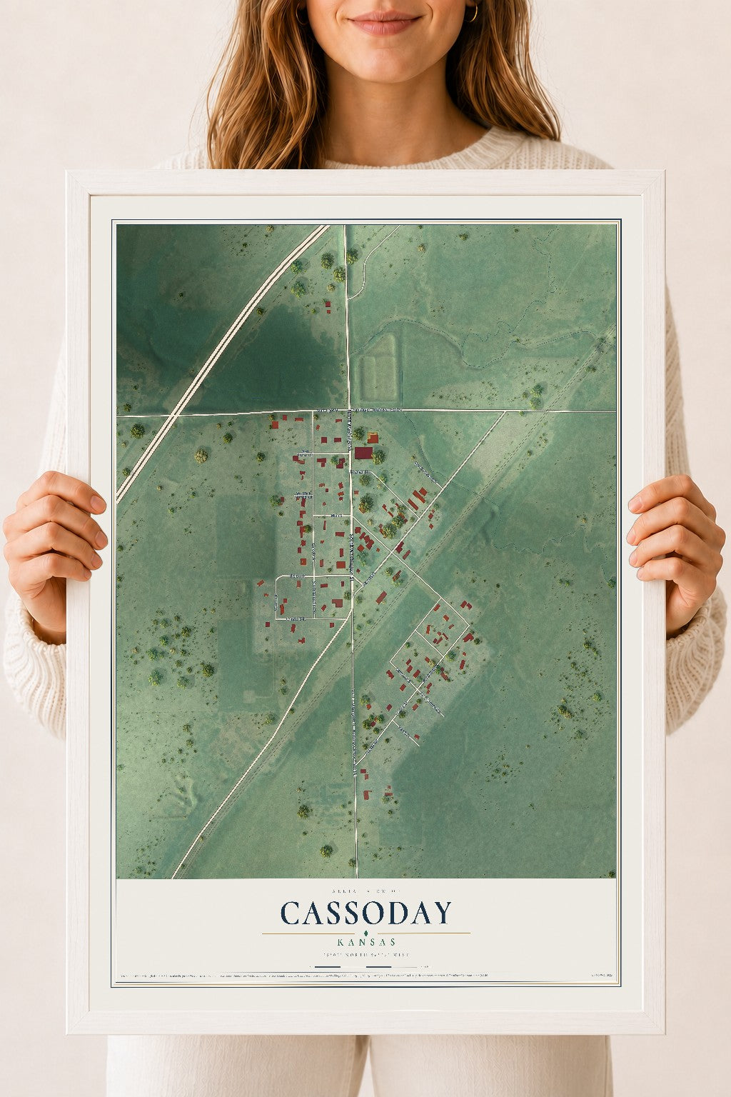 Map of Cassoday, Kansas, 18 x 24 inch print in a white wood frame
