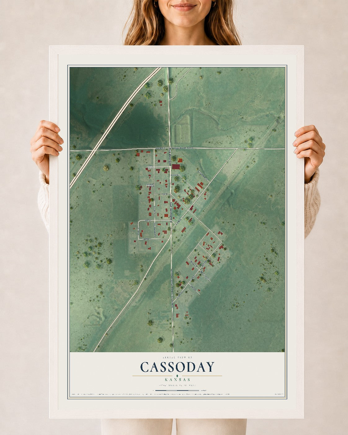 Map of Cassoday, Kansas, 24 x 36 inch print in a white wood frame
