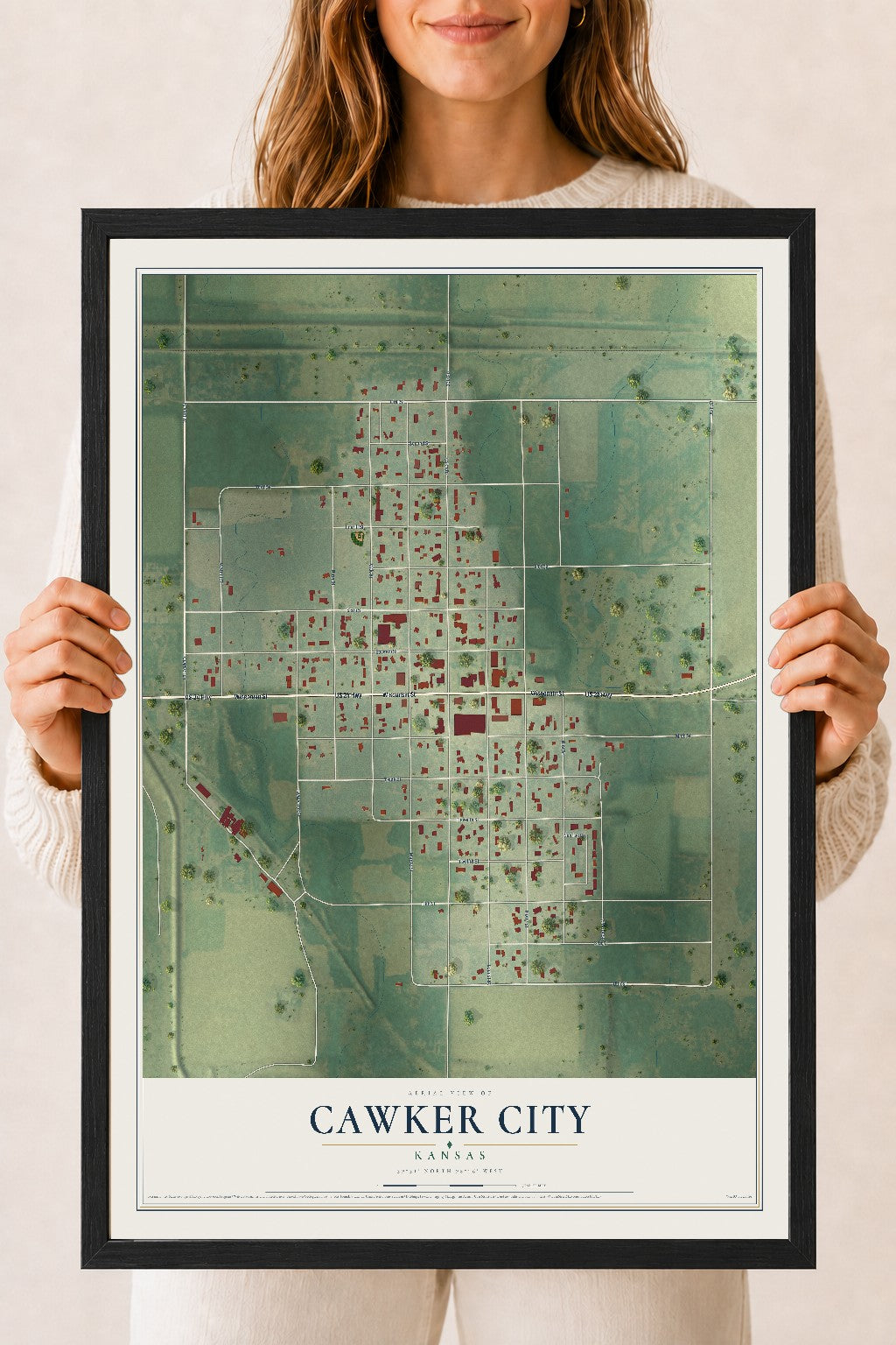 Map of Cawker City, Kansas, 18 x 24 inch print in a black wood frame