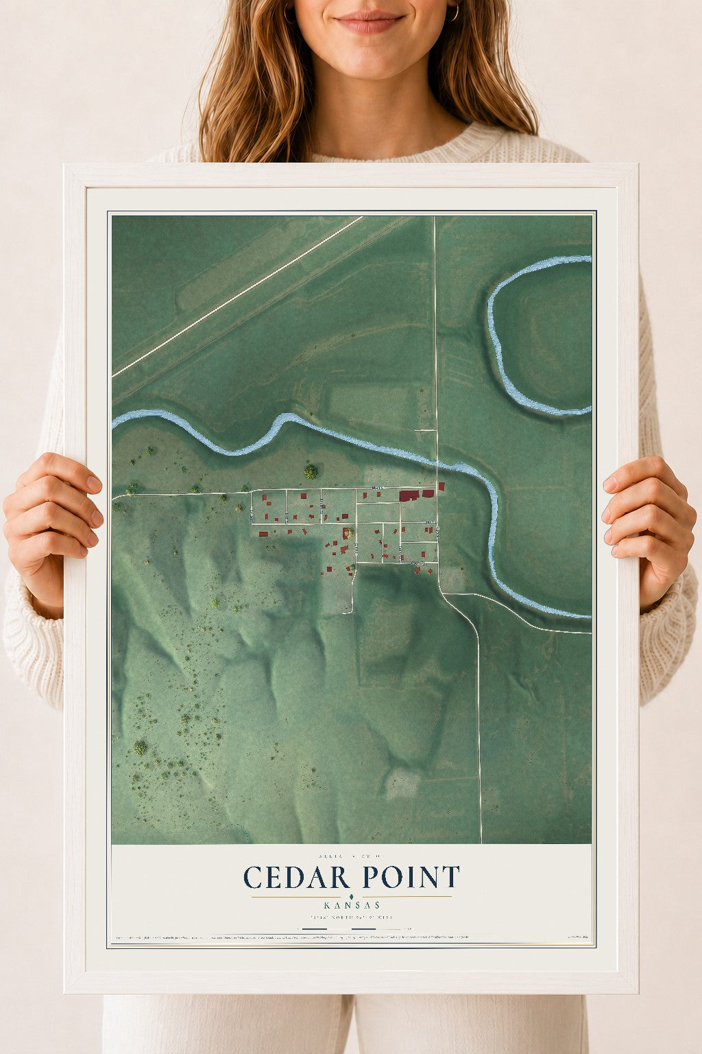 Map of Cedar Point, Kansas, 18 x 24 inch print in a white wood frame