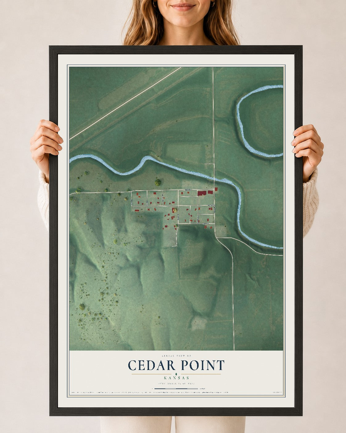 Map of Cedar Point, Kansas, 24 x 36 inch print in a black wood frame