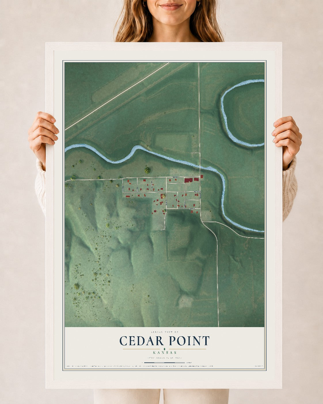 Map of Cedar Point, Kansas, 24 x 36 inch print in a white wood frame