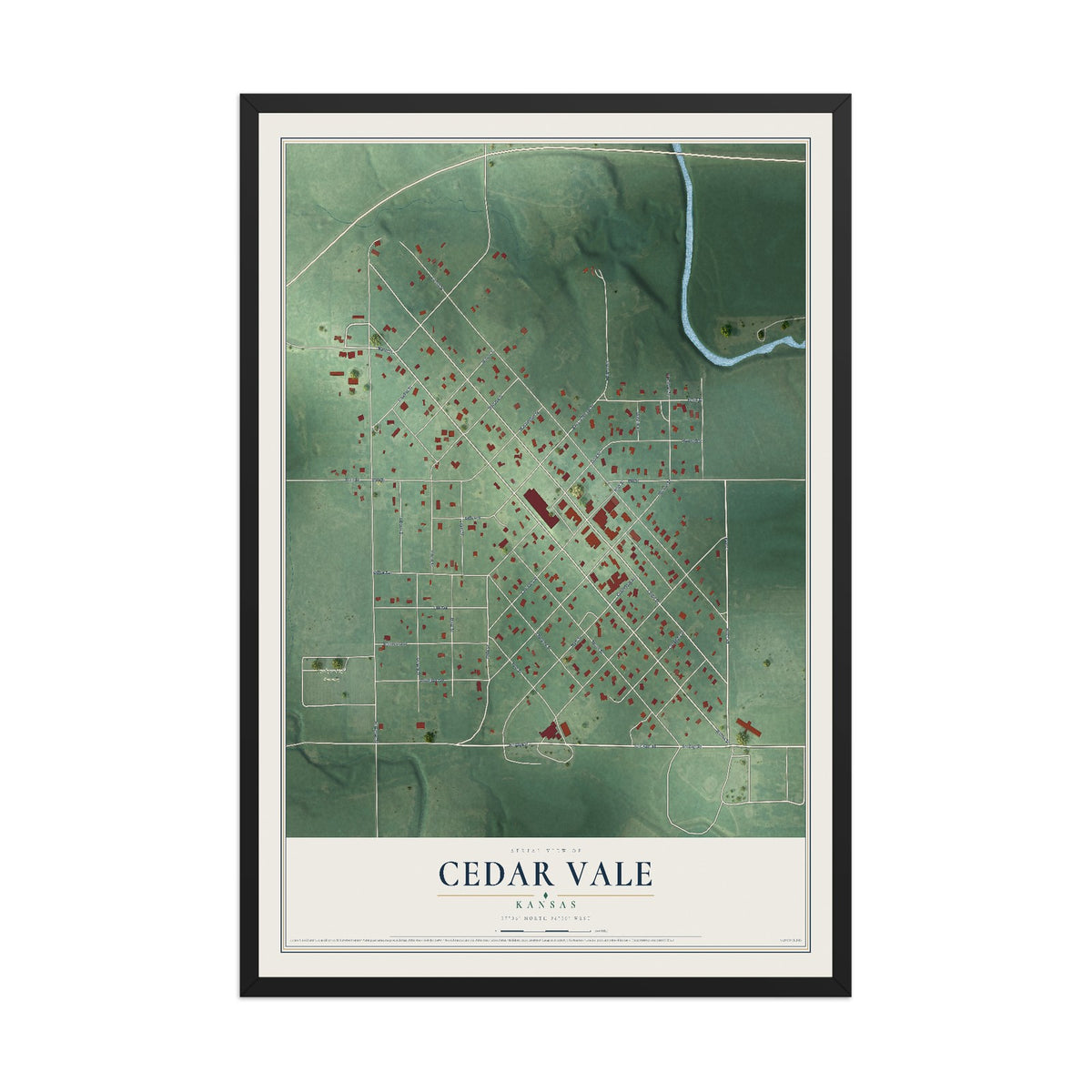 Map of Cedar Vale, Kansas, 12 x 18 inch print in a black wood frame