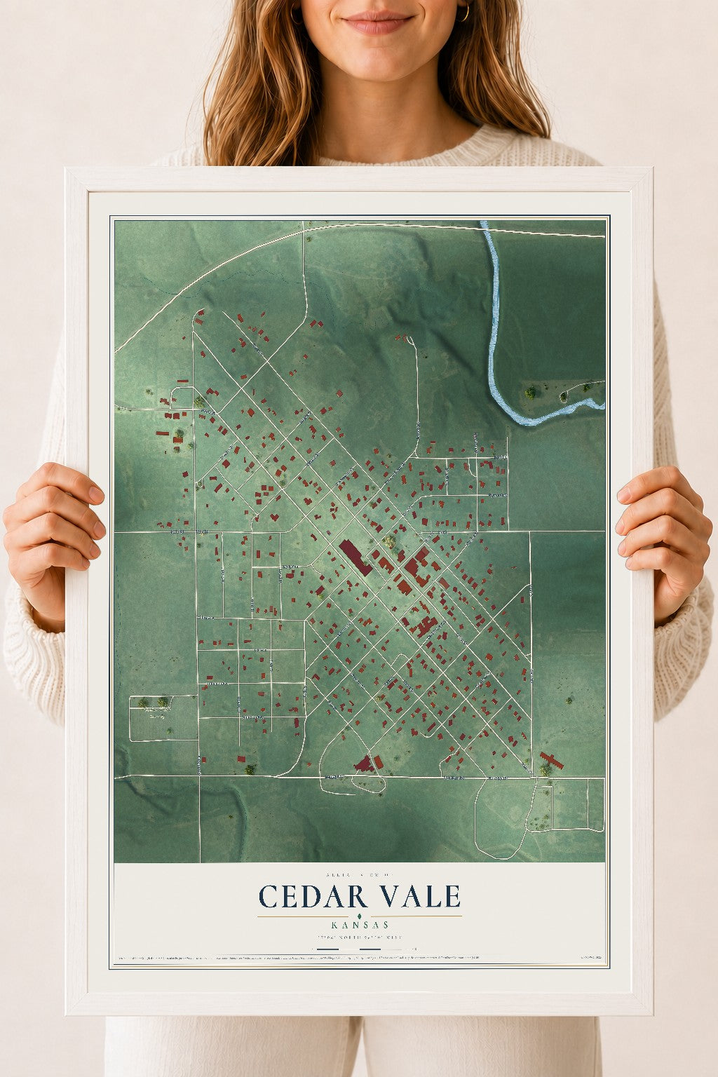 Map of Cedar Vale, Kansas, 18 x 24 inch print in a white wood frame