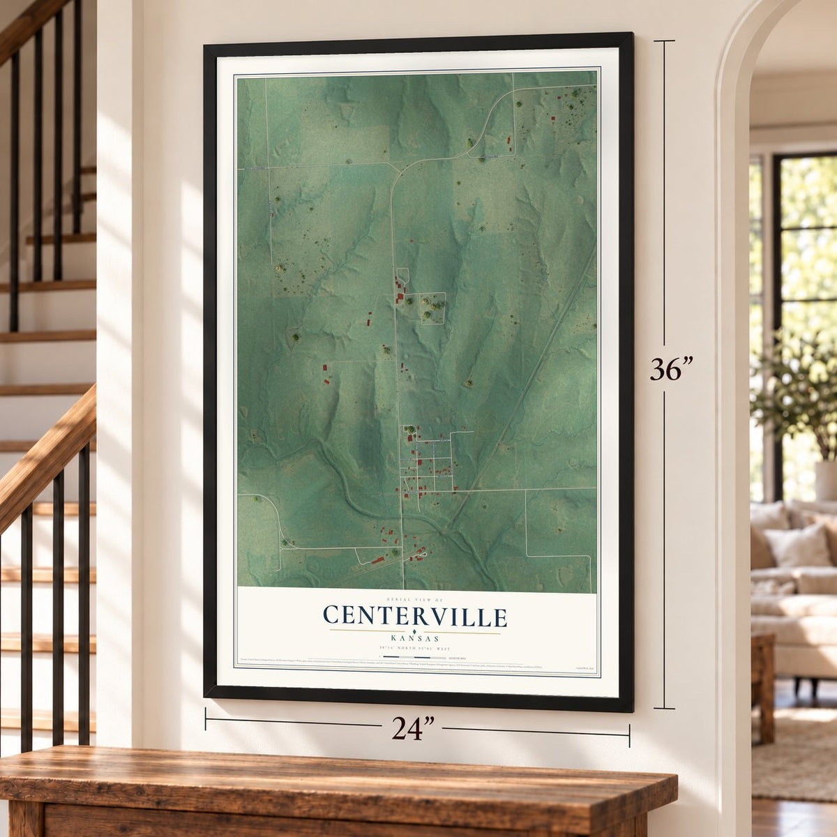 Centerville, Kansas map, 24 x 36 inch print in a black frame by a staircase