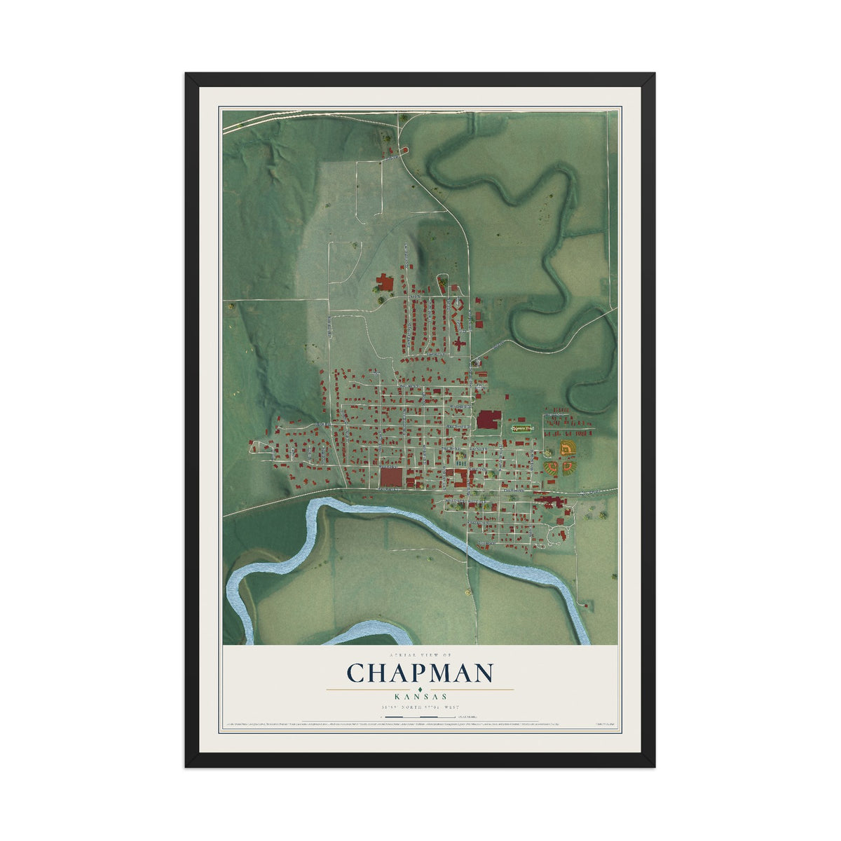Map of Chapman, Kansas, 12 x 18 inch print in a black wood frame