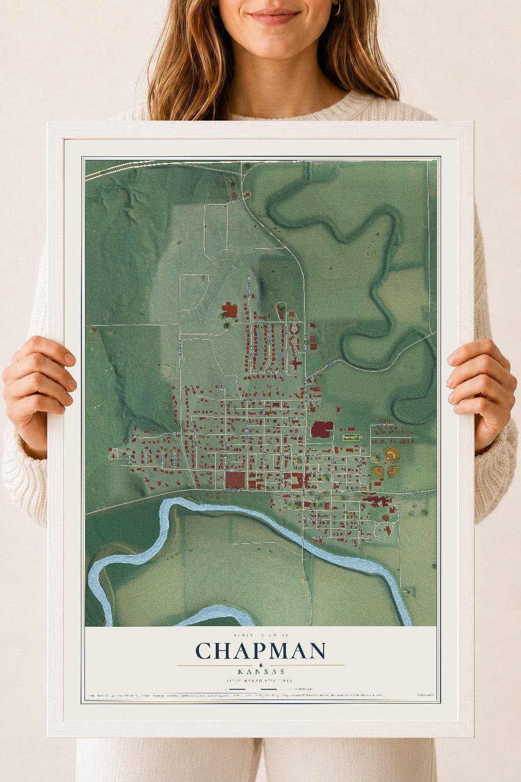 Map of Chapman, Kansas, 18 x 24 inch print in a white wood frame