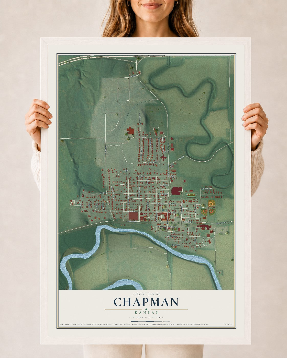Map of Chapman, Kansas, 24 x 36 inch print in a white wood frame