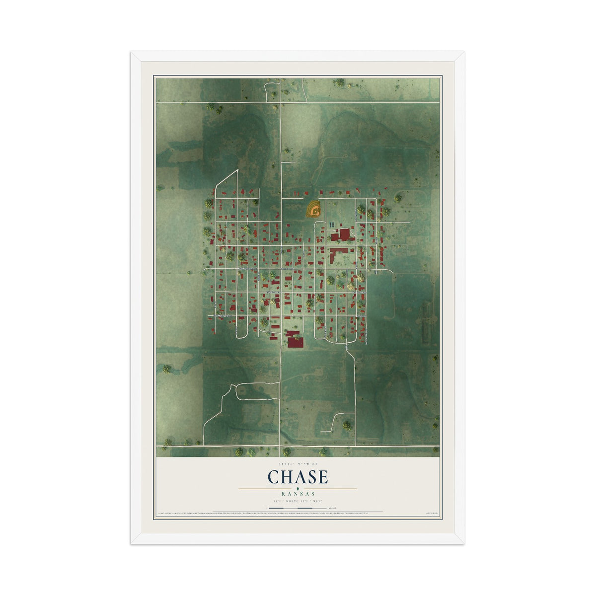 Map of Chase, Kansas, 12 x 18 inch print in a white wood frame