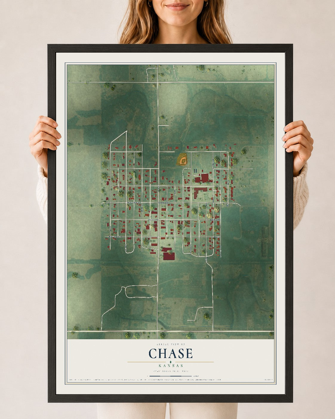 Map of Chase, Kansas, 24 x 36 inch print in a black wood frame