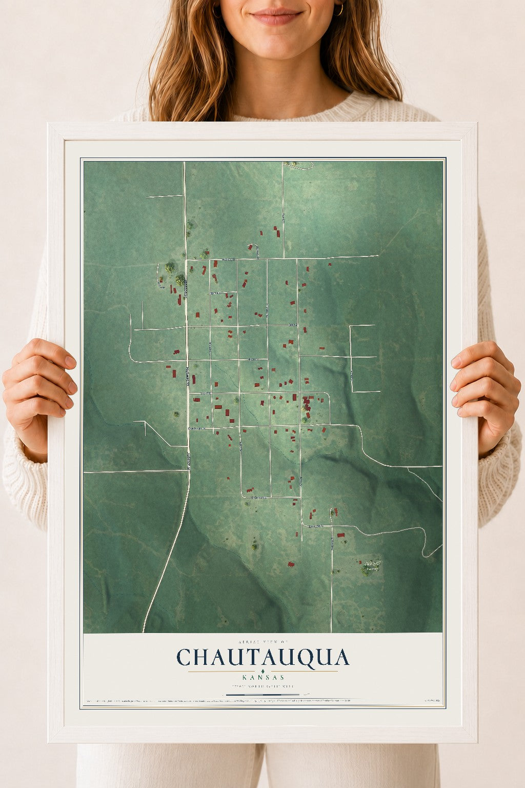 Map of Chautauqua, Kansas, 18 x 24 inch print in a white wood frame