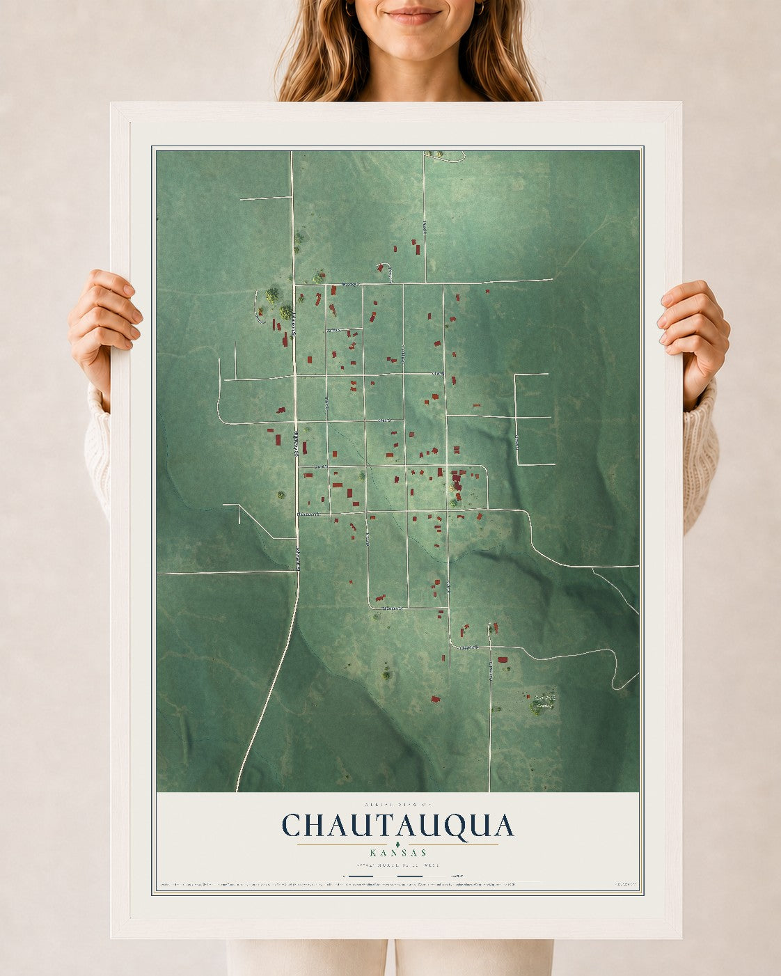 Map of Chautauqua, Kansas, 24 x 36 inch print in a white wood frame