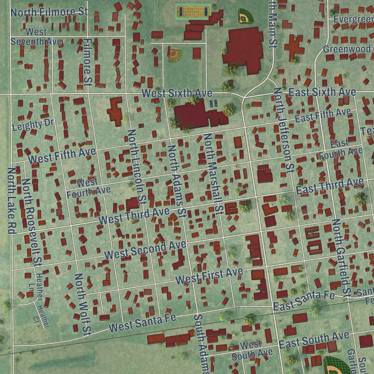 Close-up of the map of Cheney, Kansas print showing street and building detail