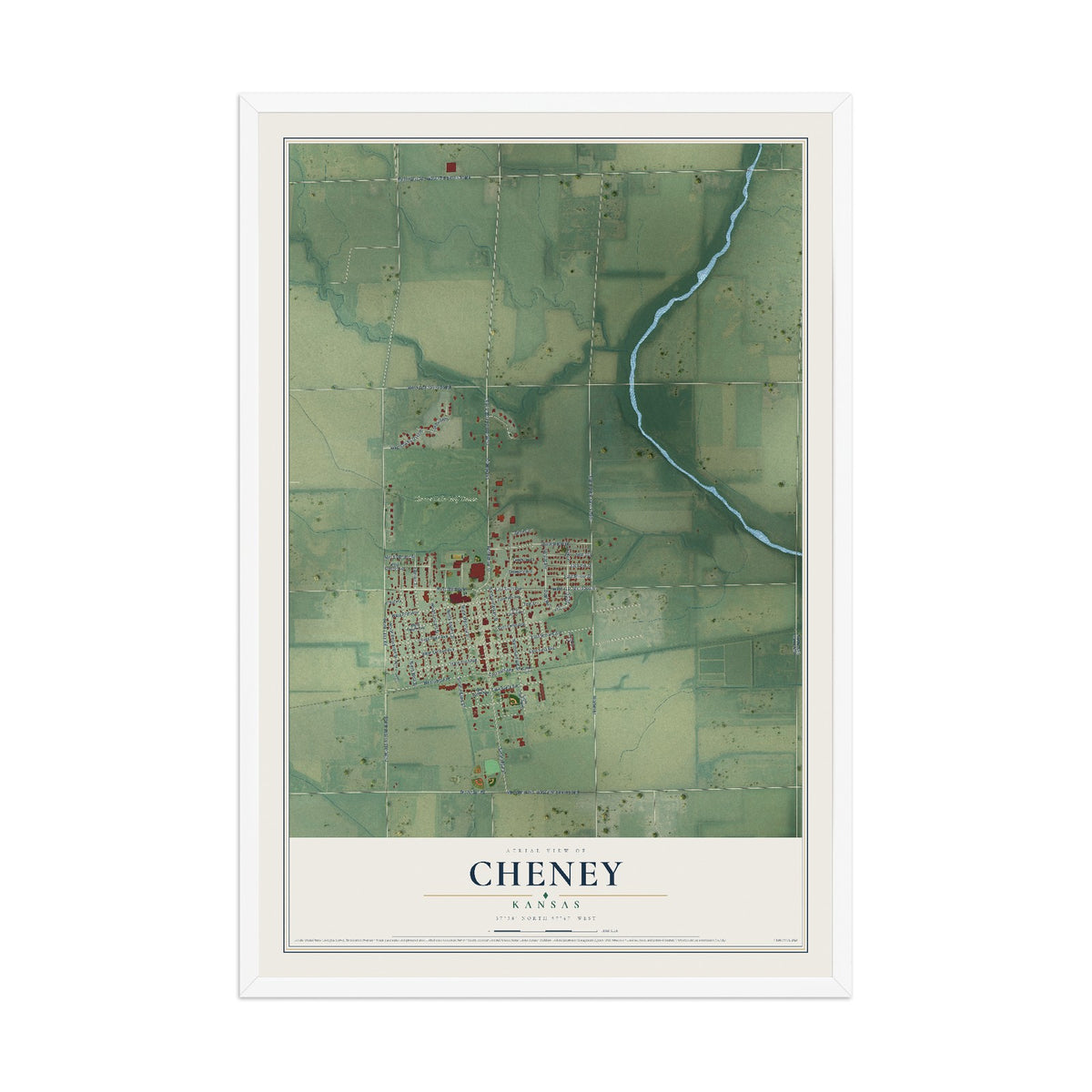 Map of Cheney, Kansas, 12 x 18 inch print in a white wood frame