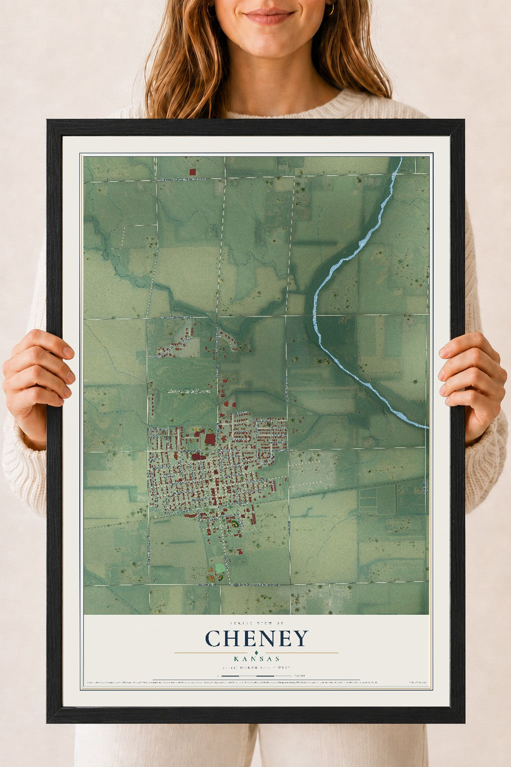 Map of Cheney, Kansas, 18 x 24 inch print in a black wood frame