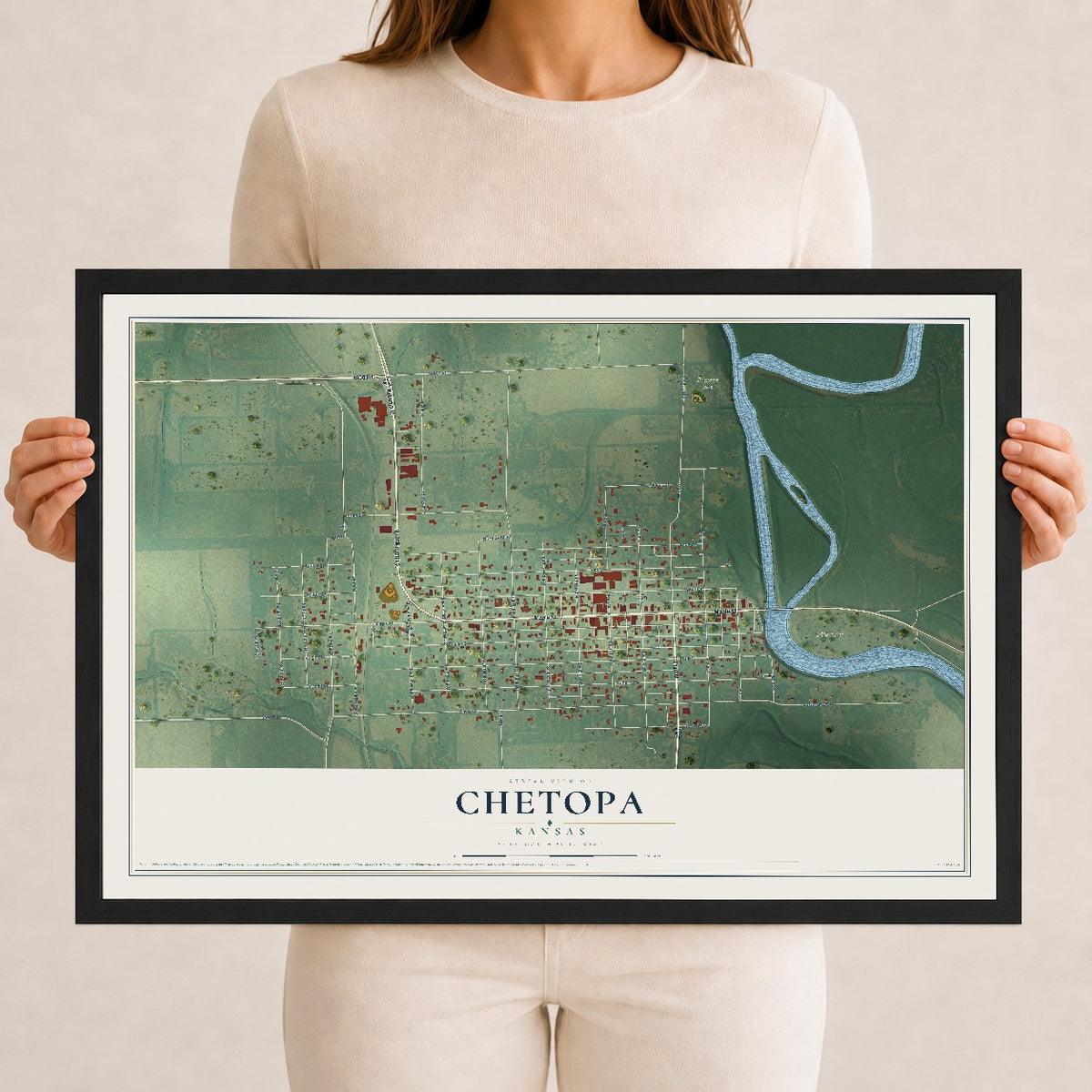 Map of Chetopa, Kansas, 12 x 18 inch print in a black wood frame
