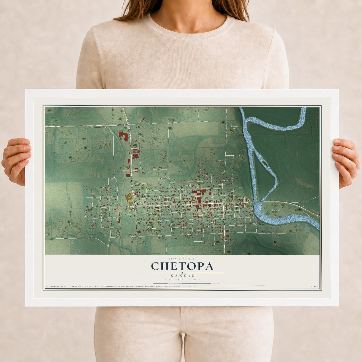 Map of Chetopa, Kansas, 12 x 18 inch print in a white wood frame