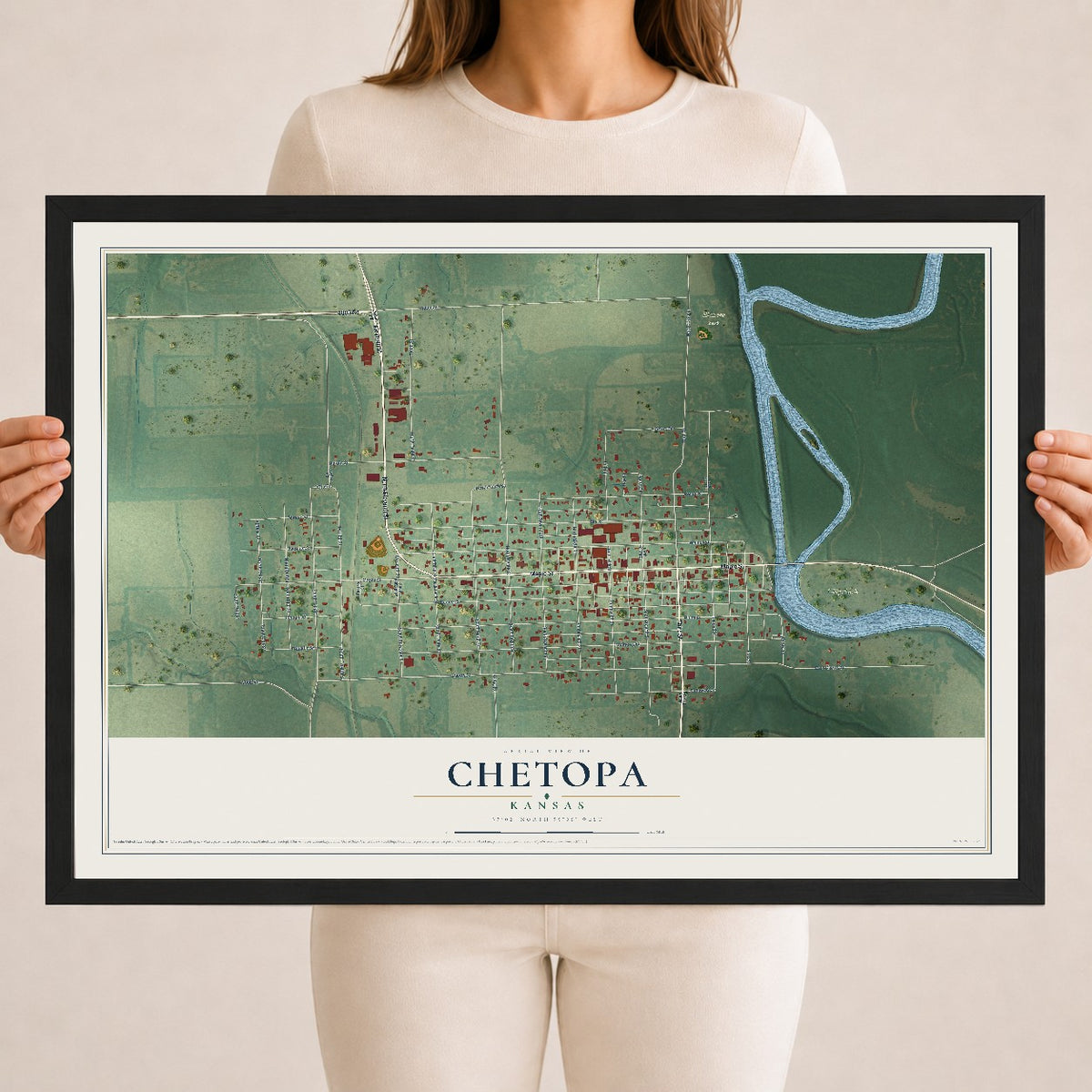 Map of Chetopa, Kansas, 18 x 24 inch print in a black wood frame