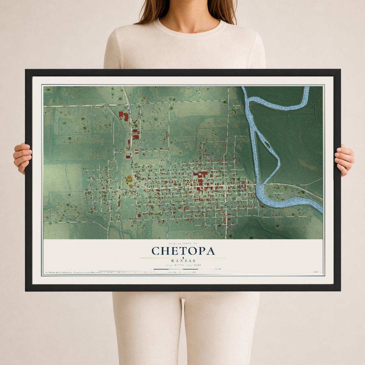 Map of Chetopa, Kansas, 24 x 36 inch print in a black wood frame