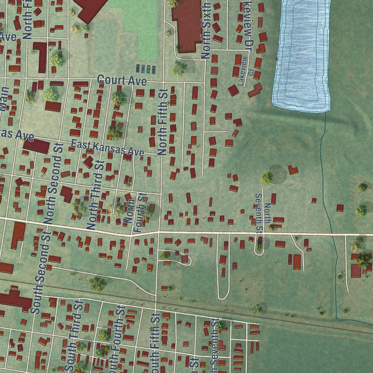Close-up of the map of Cimarron, Kansas print showing street and building detail