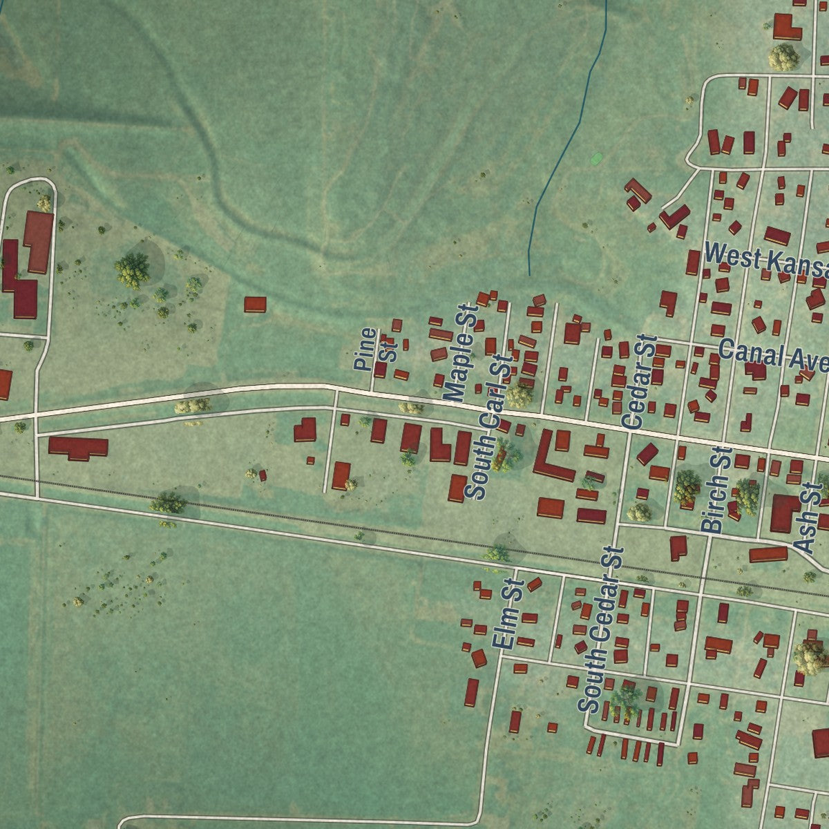 Second close-up of the map of Cimarron, Kansas print showing more streets and buildings