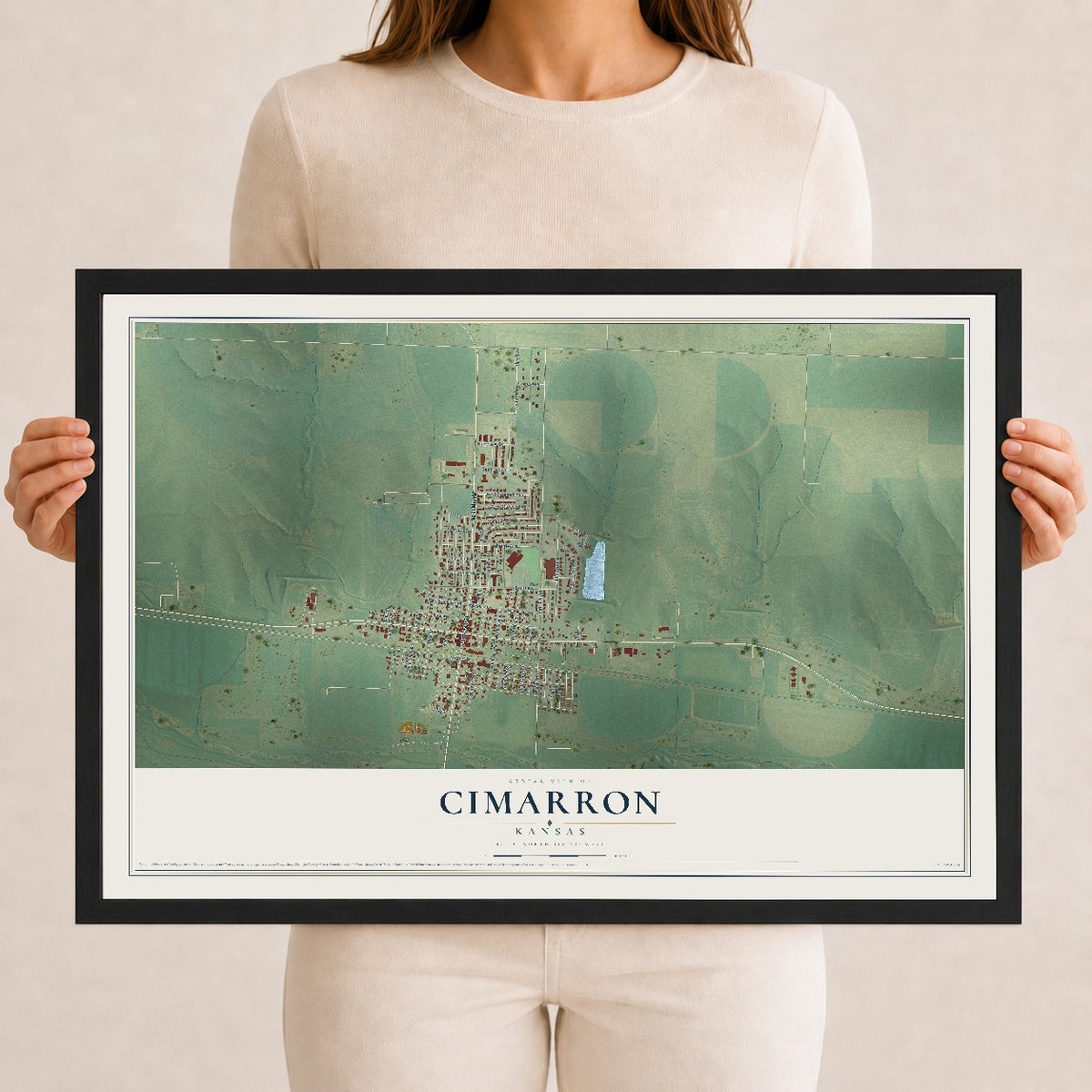 Map of Cimarron, Kansas, 12 x 18 inch print in a black wood frame