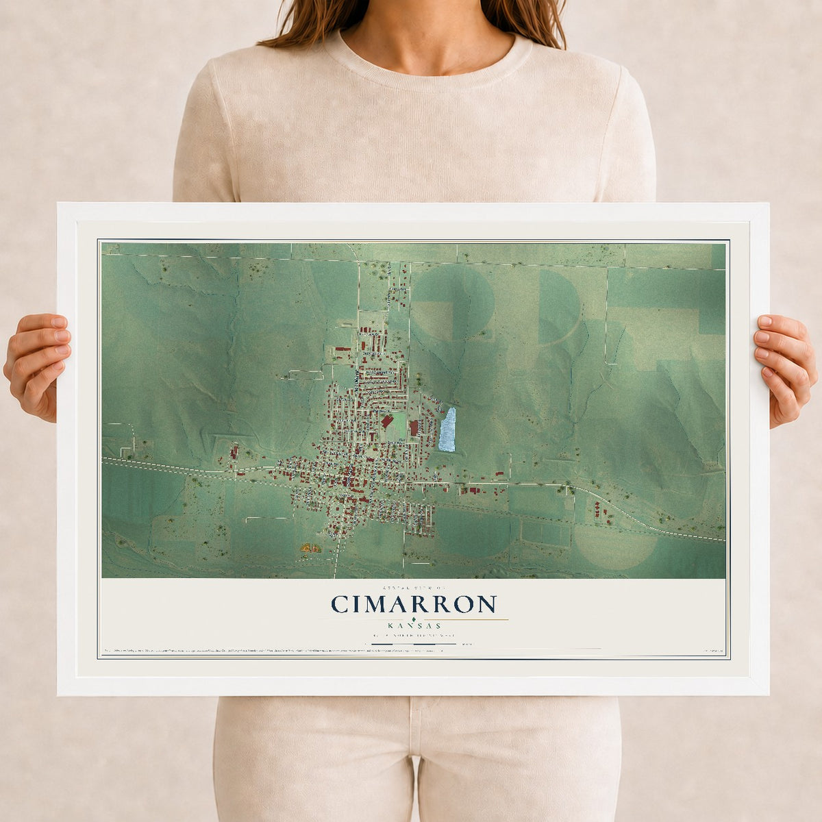 Map of Cimarron, Kansas, 12 x 18 inch print in a white wood frame