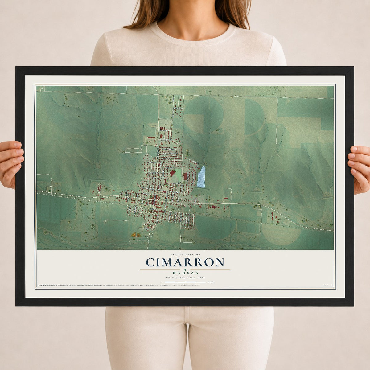 Map of Cimarron, Kansas, 18 x 24 inch print in a black wood frame
