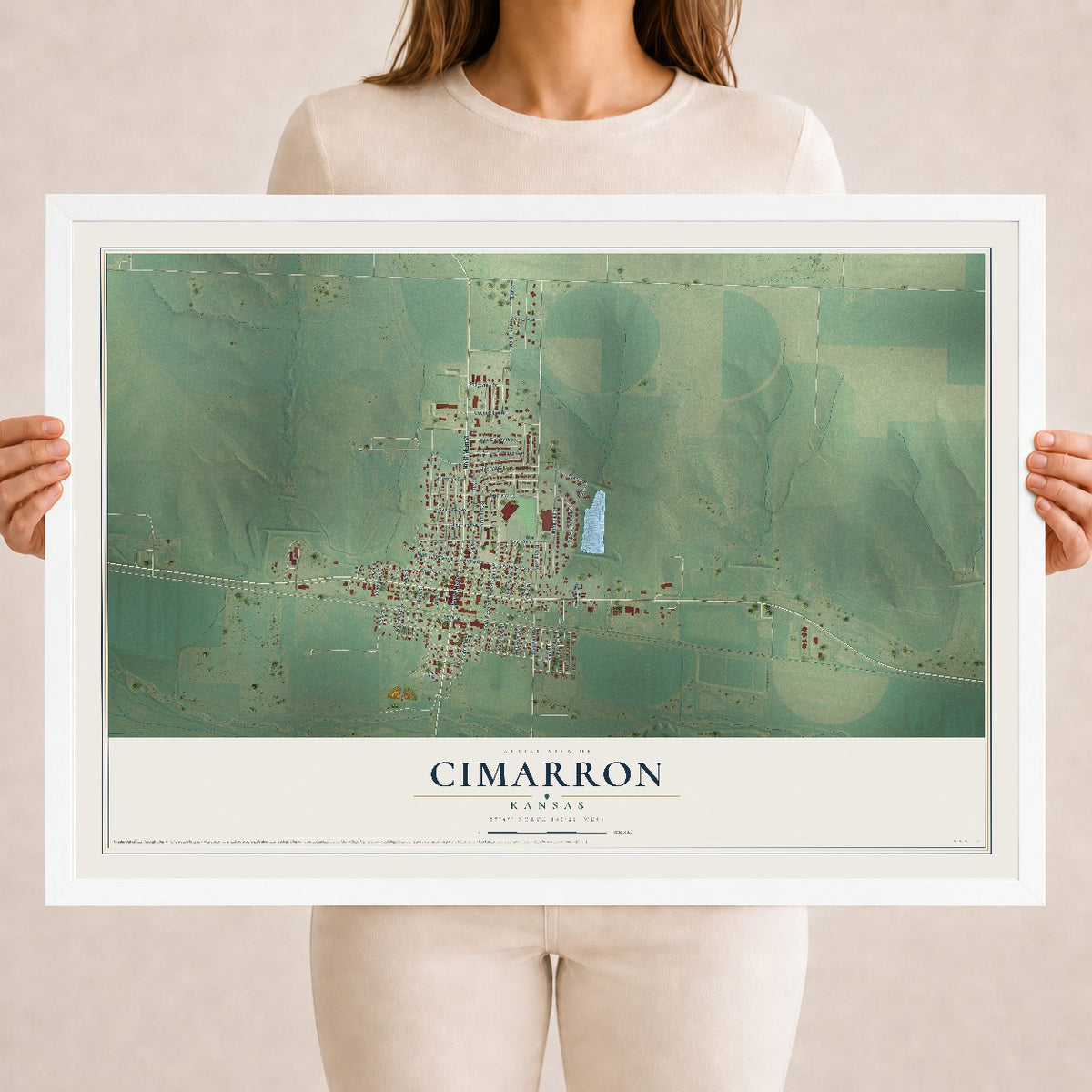Map of Cimarron, Kansas, 18 x 24 inch print in a white wood frame