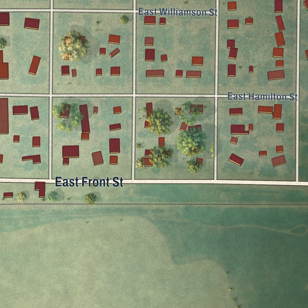 Second close-up of the map of Claflin, Kansas print showing more streets and buildings