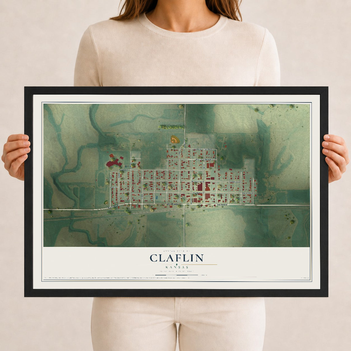 Map of Claflin, Kansas, 12 x 18 inch print in a black wood frame