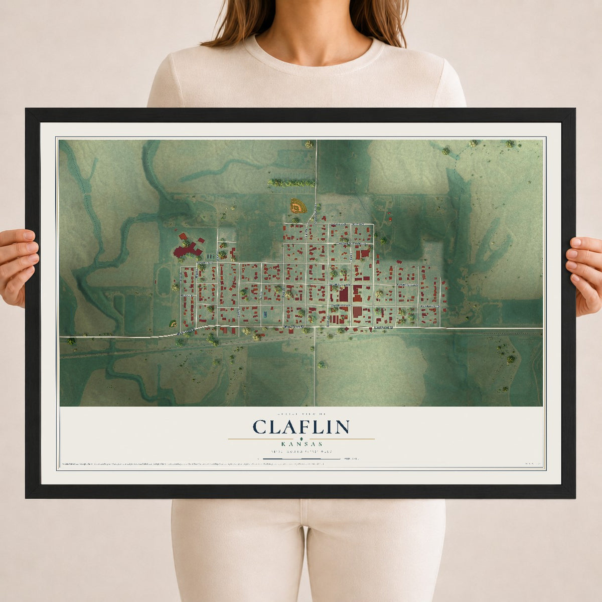 Map of Claflin, Kansas, 18 x 24 inch print in a black wood frame