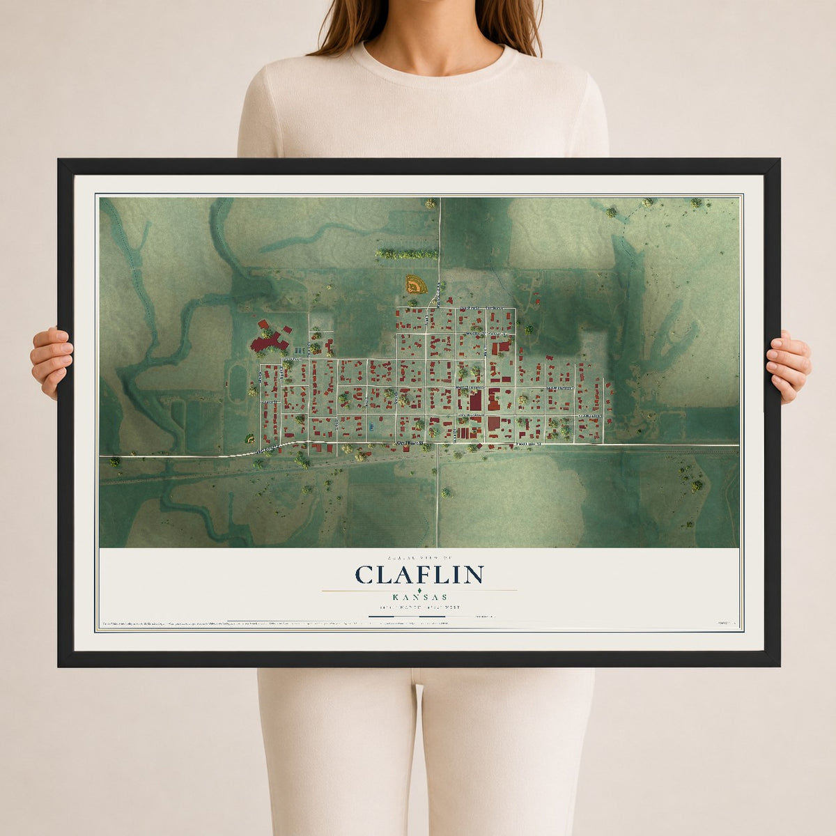 Map of Claflin, Kansas, 24 x 36 inch print in a black wood frame