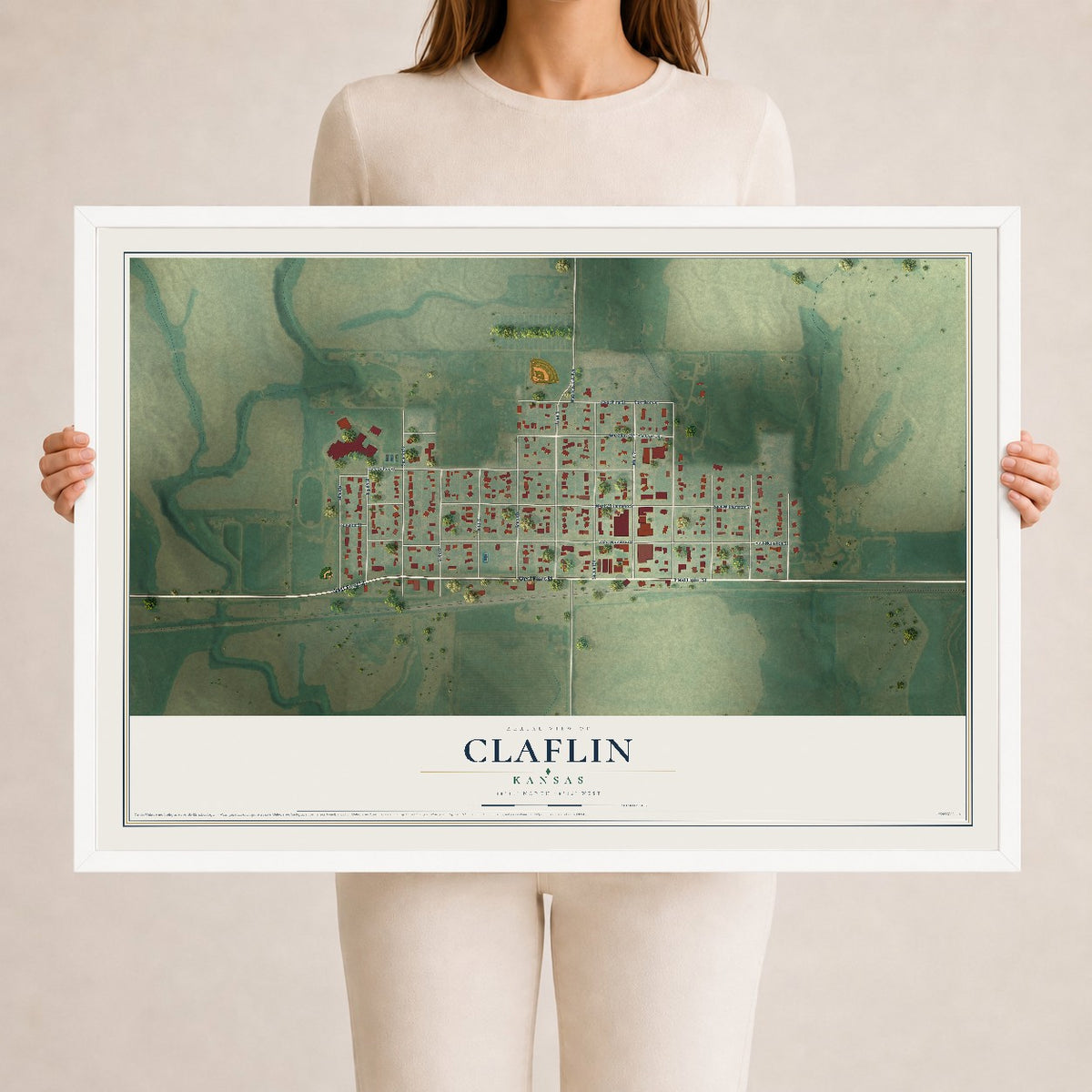 Map of Claflin, Kansas, 24 x 36 inch print in a white wood frame