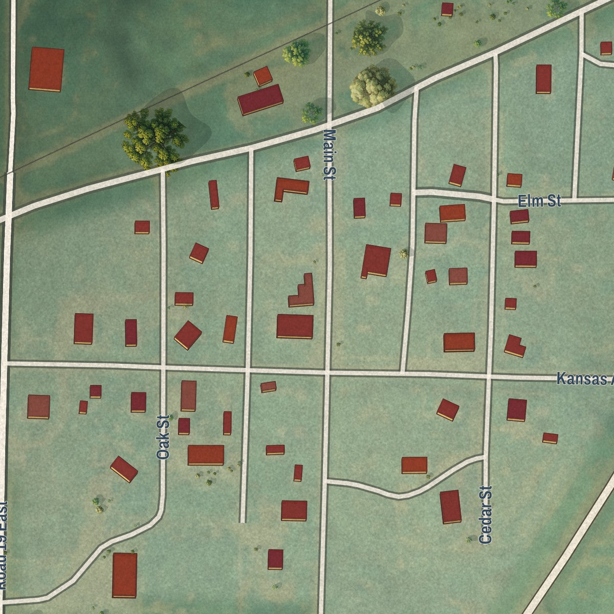 Close-up of the map of Clayton, Kansas print showing street and building detail