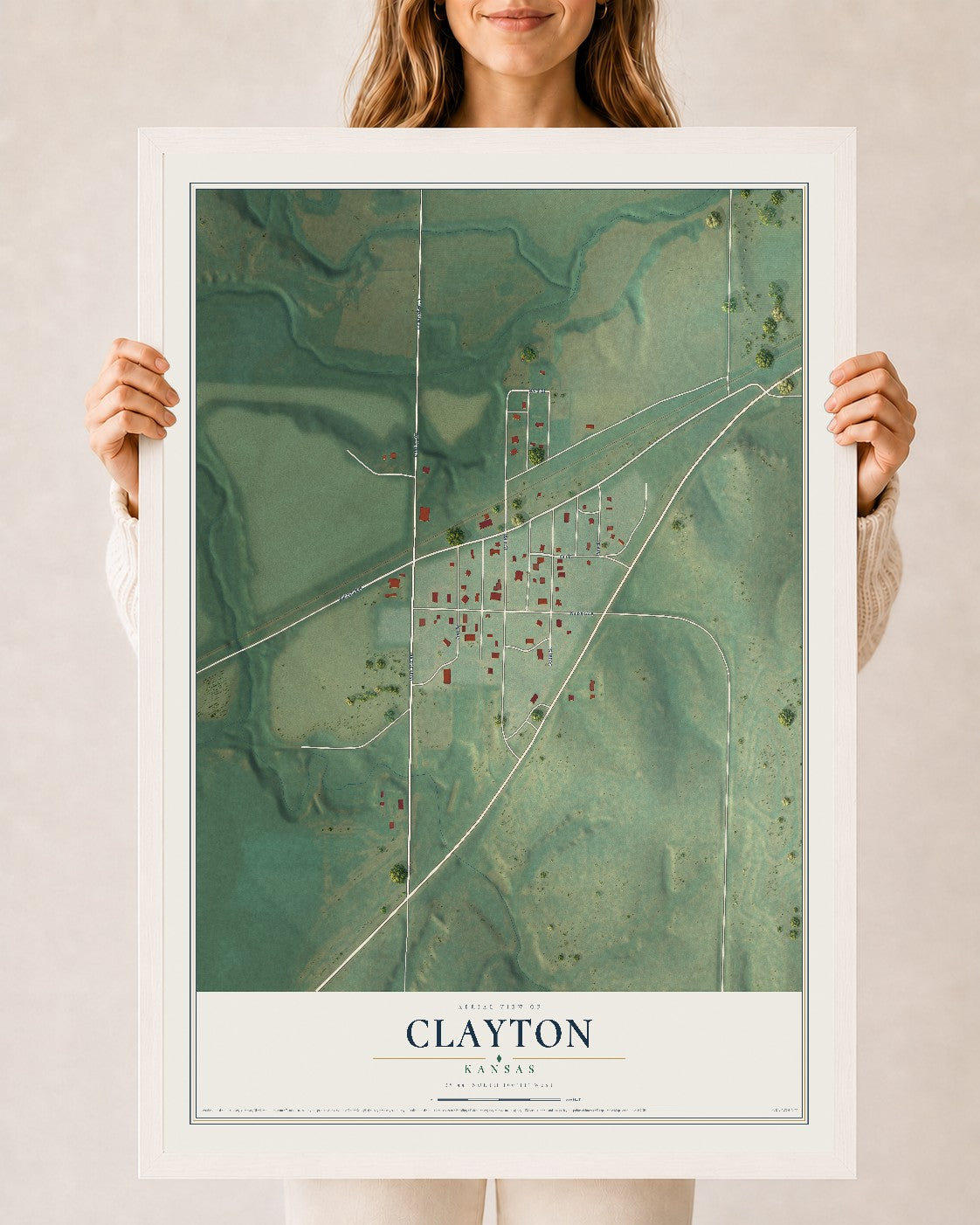 Map of Clayton, Kansas, 24 x 36 inch print in a white wood frame