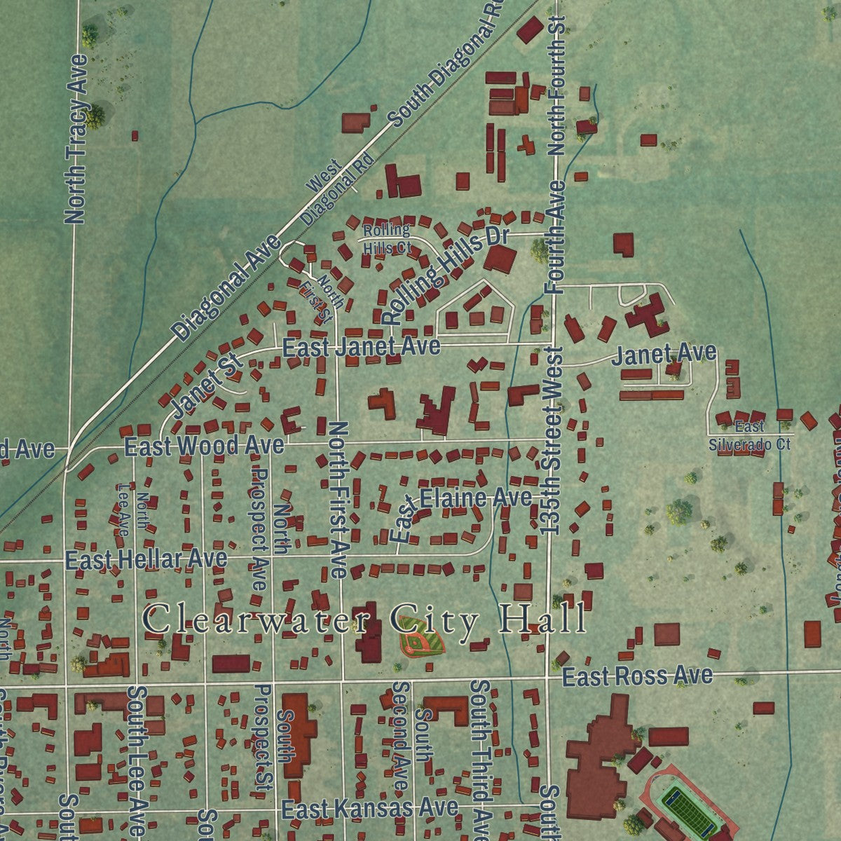 Close-up of the map of Clearwater, Kansas print showing street and building detail