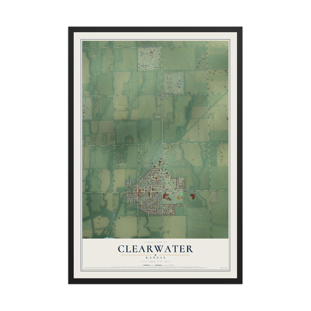 Map of Clearwater, Kansas, 12 x 18 inch print in a black wood frame